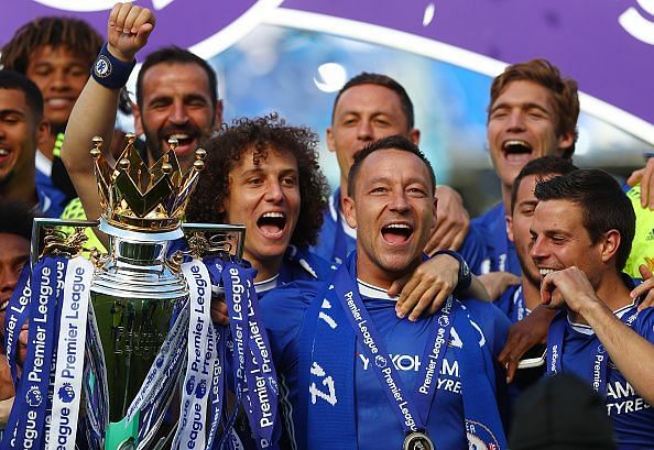 John Terry celebrates an EPL Title with Chelsea.